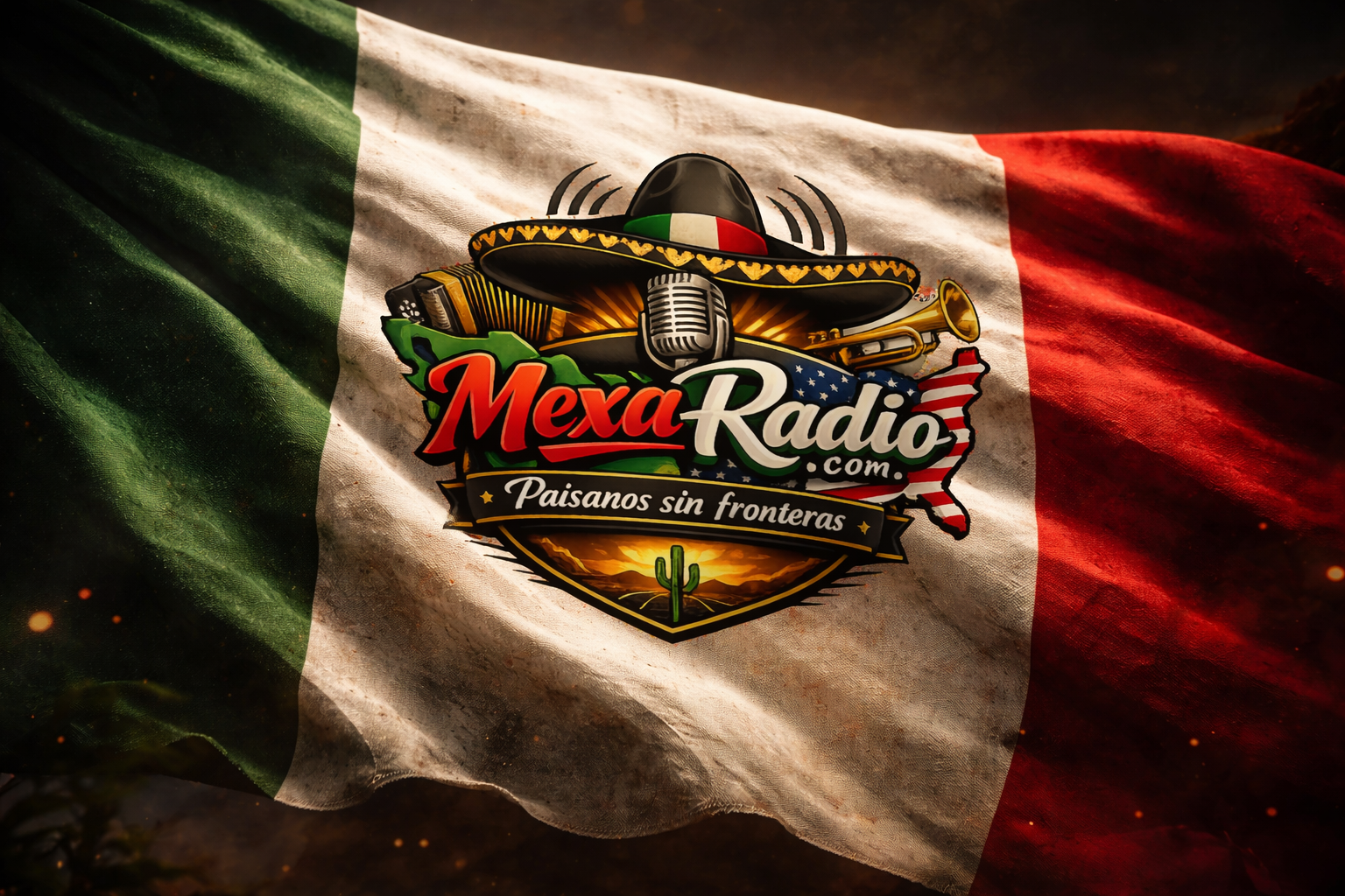 MexaRadio.com - Bandera mexicana con logo de la radio
